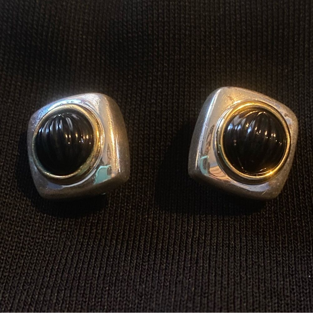 Vintage Mixed Media Sliver Gold Textured Black Stone Clip on Earrings.